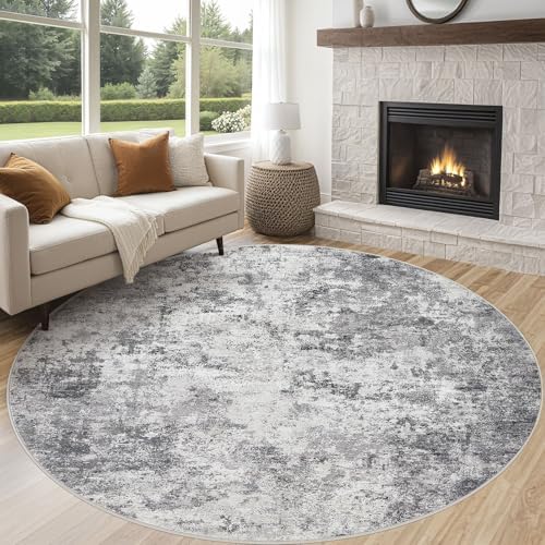 UERMEI 8ft Round Area Rug Living Room Rugs - 8x8 Washable Neutral Modern Abstract Soft Thin Rug Indoor Floor No Slip Rug Carpet for Bedroom Under Dining Table Home Office Decor - Grey by UERMEI