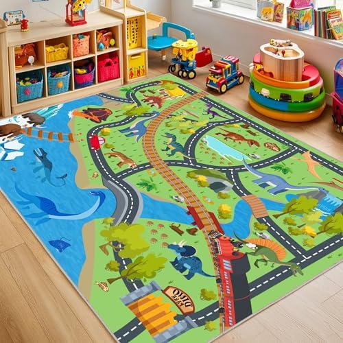 Kids Rugs for Playroom, 5x7ft Car Rug Play Mat City Road Dinosaur Rugs by OHDS