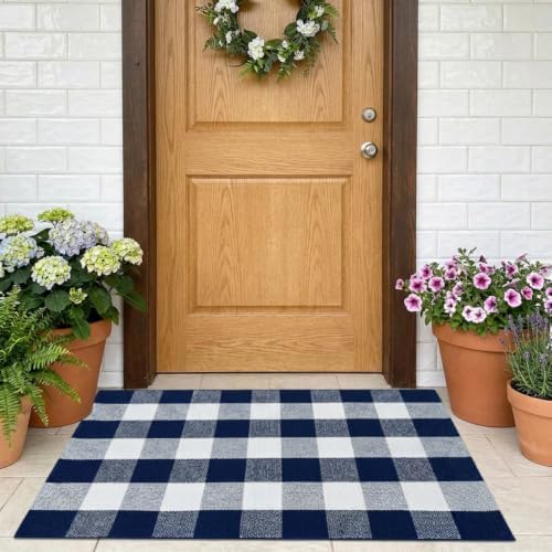 SEEKSEE Buffalo Plaid Outdoor Rug 27.5x43 Navy Blue and White Front Door Mat, Layering Rug for Porch, Washable Doormat, Front Porch Rug for Outdoor Entrance Entryway Patio Porch Decor by SEEKSEE