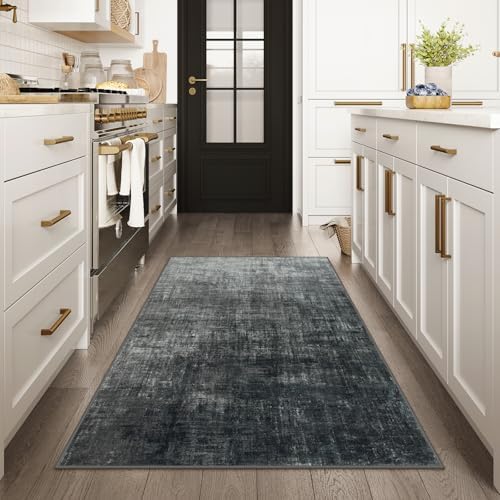 Lahome 3x5 Black Rugs for Entryway,Boho Kitchen Rugs Non Slip Washable,Modern Abstract Ombre Small Soft Low-Pile Indoor Floor Carpet for Bathroom Bedroom(3'x5',Black and White) - Image 3