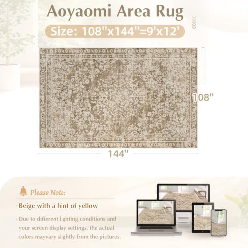 Vintage Living Room Area Rug - 9x12 Large Machine Washable Boho Area Rug Distressed Floral Rugs for Bedroom, Soft Non-Slip Indoor Floor Accent Rugs for Office Dining Room (Floral Brown, 9'x12') - Image 2