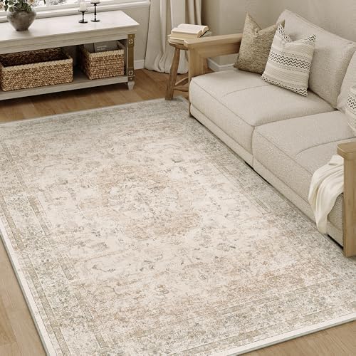 PureCozy Beige Small Area Rug 4x5 Vintage Oriental Distressed by PureCozy