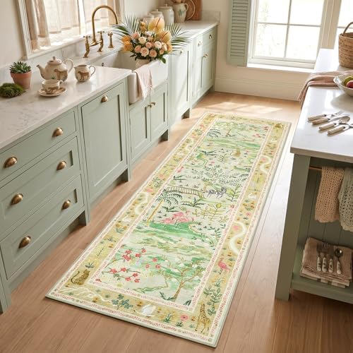 Long Runner Rug for Hallway 2x8 Whimsical Woodland Throw Runner Carpet Non Slip Stain Resistant Nursery Forest Runner Mat Washable Safari Animal Rugs for Living Room Kitchen Bedroom, Sage Green - Image 2