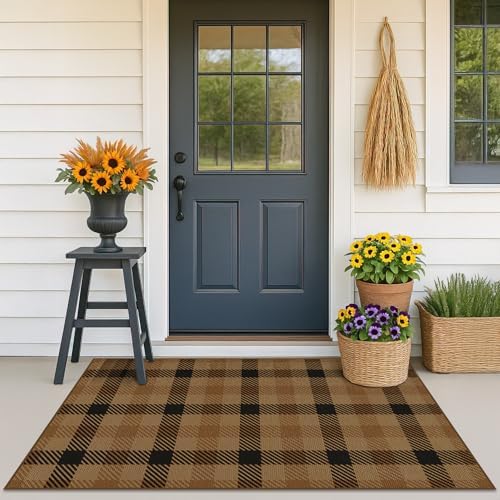 Easy Jute Plaid 3x5 Entryway Rug, Brown Checkered Washable Front Door Mat, Indoor Outdoor Farmhouse Non Slip Rug for Porch, Entrance, Balcony and Kitchen - Image 3
