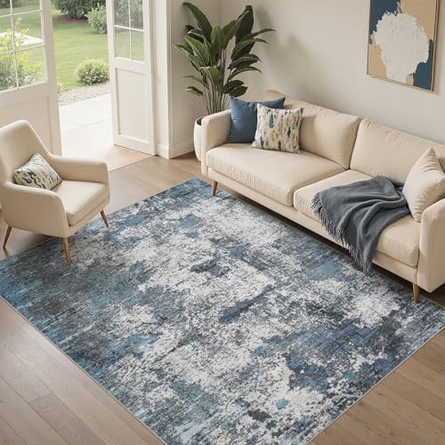 DMOYEST Area Rug Living Room Rugs - 5x7 Large Soft Indoor Neutral Modern Abstract Low Pile Washable Rug Carpet for Bedroom Dining Room Farmhouse Home Office - Grey Blue - Image 5