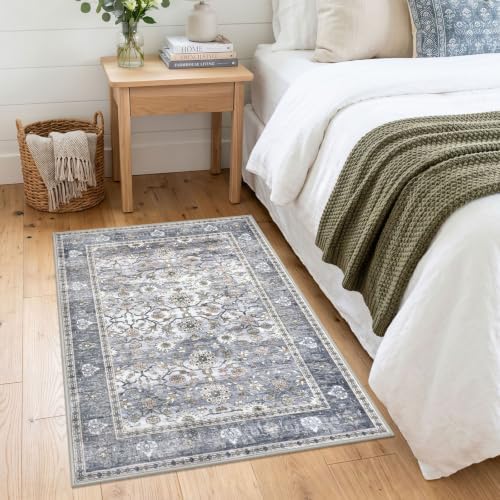 KUTA Vintage Floral 3x4 Entryway Rug Washable Area Rugs Grey Blue - Image 3
