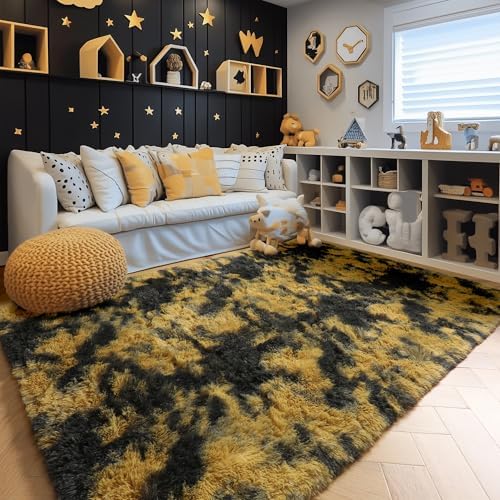 Amdrebio Black Gold Grey Fluffy Area Rug 5x7 for Bedroom Living Room Dorm - Image 5