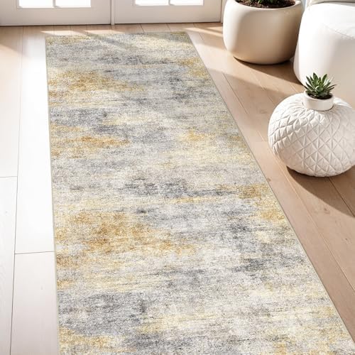 3x7 Runner Rug Washable Abstract: Non Slip Hallway Floor Mat Grey/Yellow by Ksrau
