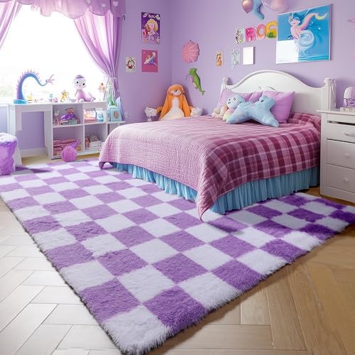 KICMOR Purple Rugs for Living Room Bedroom, 5x7 Fluffy Soft Checkered Area Rug Fuzzy Shag Shaggy Carpet, Indoor Furry Plush Floor Rugs for Kids Girls Boys Baby Teen Dorm Nursery Home Decor Aesthetic - Image 3