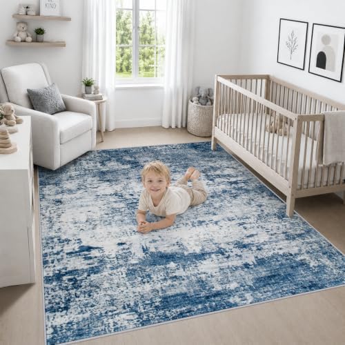Area Rug Living Room: 6x6 Modern Washable Indoor Soft Carpet Blue - Image 5