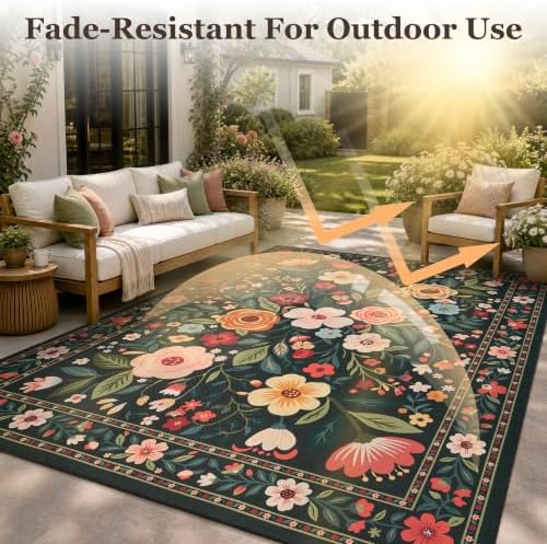 PADOOR Outdoor Rug 4x6 ft, Floral Washable Indoor Outdoor Area Rug, Flat‑Woven with Quick Dry Patio Carpet, Fade & Shed Resistant, Non‑Slip for Patio, Balcony, Porch, Deck, Entryway, Charcoal Grey - Image 2