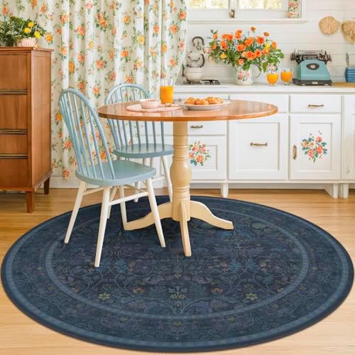 Washable 6ft Round Living Room Rug, Thin Circle Rug for Dining Room Under Table Non Slip, Floral Carpet Boho Décor Bedroom (Dark Blue) - Image 3