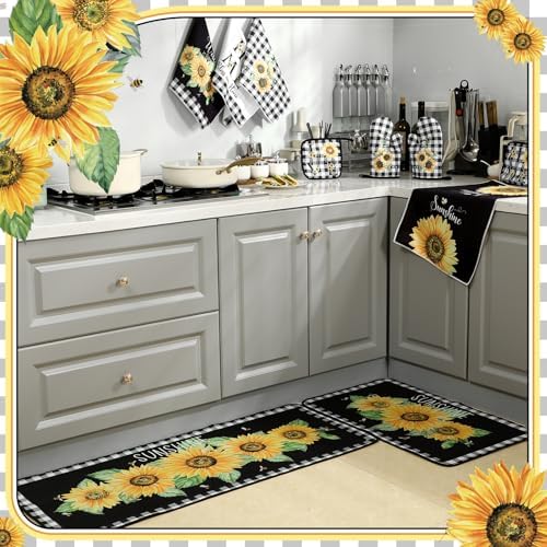 Fourluoo 10 Pcs Sunflower Kitchen Decor Set Black Buffalo Plaid - Image 6