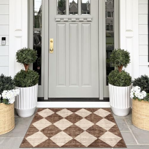 3x3 Square Entryway Rug - Non-Slip Washable Front Door Mat Indoor Outside Entrance Small Porch Rug Rustic Brown Beige Checkered Throw Rugs for Entryway Kitchen Bedroom Office Front Porch Decor - Image 6