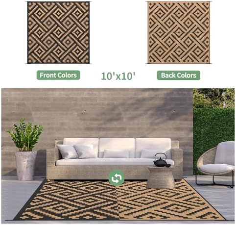 GENIMO Outdoor Rug, Waterproof Plastic Rugs for Patio, 10'x10' Black Brown - Image 3