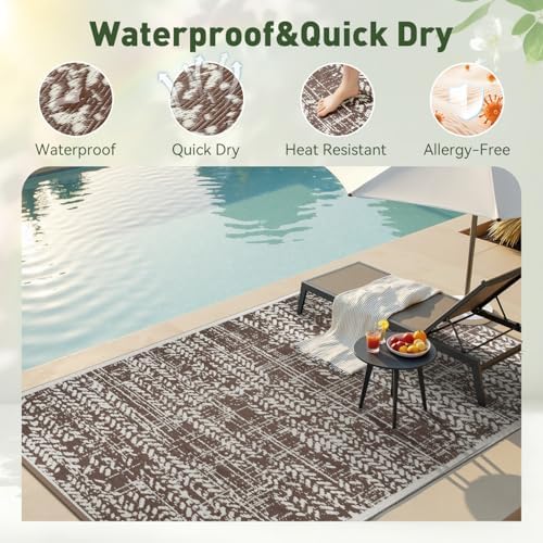 MontVoo Outdoor Rug 8x10 Waterproof-Patio Rug Mat Outdoor RV Camping Picnic Beach Mat Plastic Straw Rugs Outside Outdoor Area Rugs for Balcony Deck Backyard Brown - Image 3