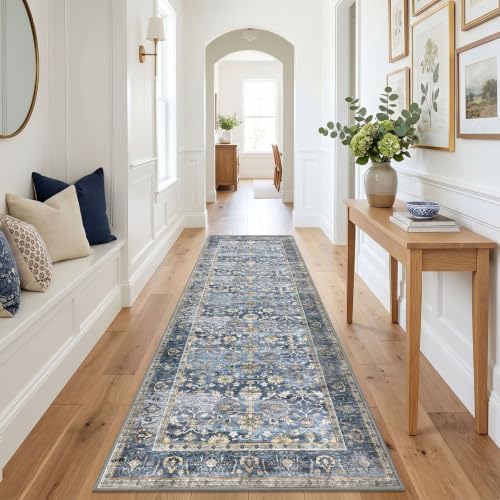 KUTA Vintage Washable Runner Rug 3x9 Blue Grey Beige Wide Hallway Runner - Image 3