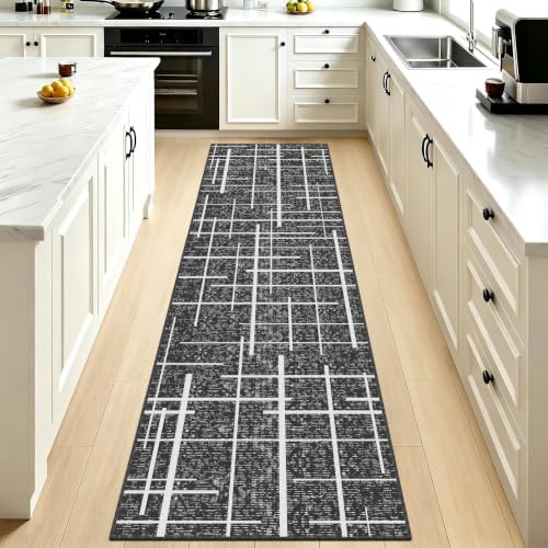 Non Slip Hallway Runner Rug 2x8,Modern Distressed Stripe, Washable Long Rug, Woven Thin Low Pile Carpet Runners for Hallway 10ft Entryway, Kitchen, Walkway- Gray by TTelephant