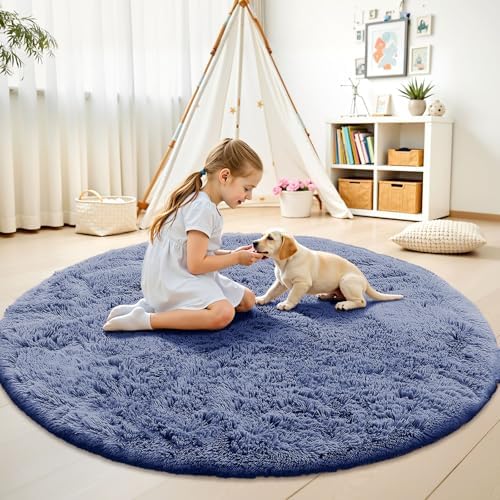 OLANLY Denim Blue Round Rugs for Bedroom - Machine Washable, 9 ft Circle Area Rugs for Living Room, Soft and Fluffy Shaggy Carpet for Teen Girl and Boys, Nursery Rooms, Dorms, Home Decor Aesthetic - Image 2