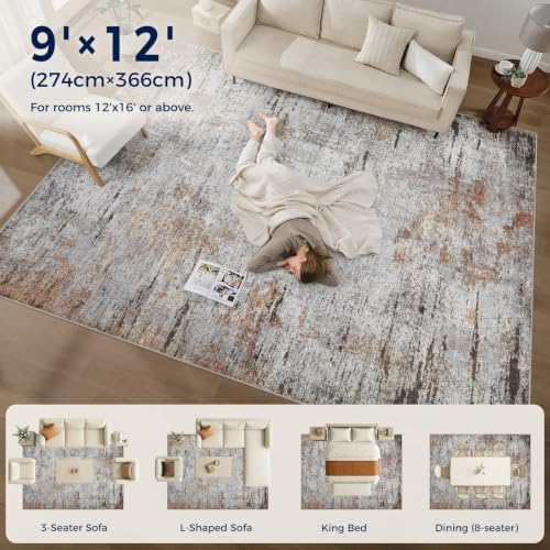 DMOYEST Area Rug Living Room Rugs - 9x12 Large Soft Indoor Neutral Modern Abstract Low Pile Washable Rug Carpet for Bedroom Dining Room Farmhouse Home Office - Grey Rust - Image 6