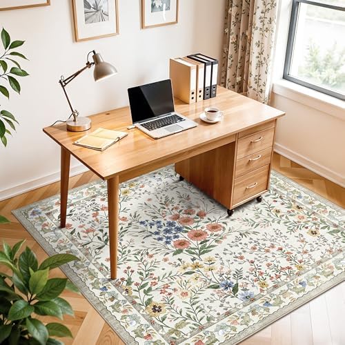 4x4 Square Entry Rug Foyer Entryway: Non-Slip Floral Washable Rugs for Indoor Floor Living Room Kitchen Bedroom - Soft Thin Doormat Carpet Boho Vintage Home Decor (4ft Square, Beige) - Image 4