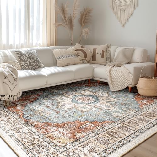 BESTSWEETIE Washable Boho 9x12 Area Rug, No Pile, Living Room, Green Brick by BESTSWEETIE
