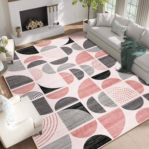 MUJOO Pink Washable Rugs 9x12,Boho Area Rugs Non Slip Modern Abstract by MUJOO