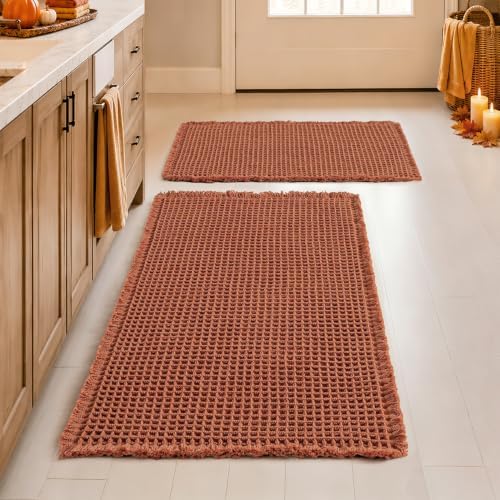 MIULEE Fall Rust Set of 2 Waffle Bathroom Rugs Boho Mat 17"x24"+18"x30" by MIULEE