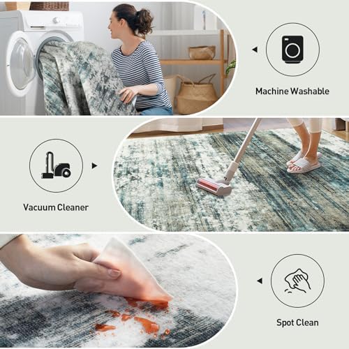 4x6 Area Rugs for Living Room: Washable Abstract Teal Green Bedroom Carpet - Image 4