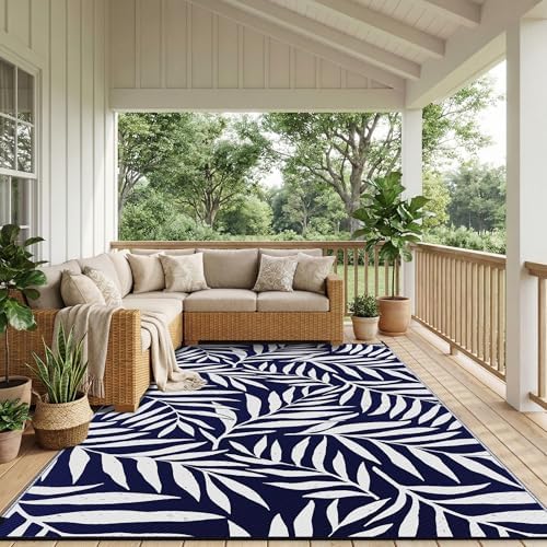 Smiry Outdoor Rug 8x10 ft Waterproof Reversible Leaf Mat, Navy & White - Image 6