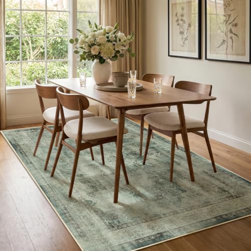 Muted Green 5x7 Area Rugs for Living Room, Washable Non Slip Bedroom Rug with Distressed Medallion Printed, Modern Farmhouse Low Pile Thin Carpet Rugs for Dining Room/Kitchen/Home Office - Image 4