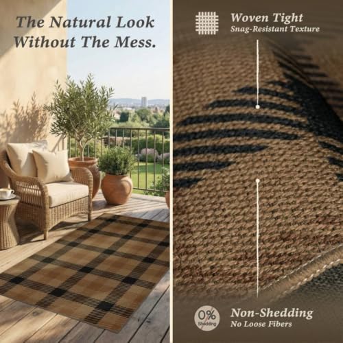 JTJ Easy Jute 6x9 Outdoor Area Rug, Black & Brown Plaid, Washable - Image 5