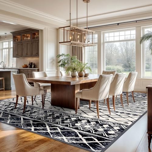 KUTA Boho Geometric Washable Area Rugs 9x12 Living Room Black Navy Blue - Image 4