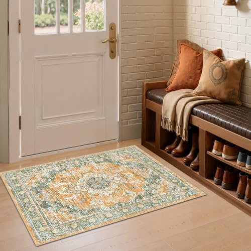 2x3 Boho Washable Entryway Area Rugs, Small Non Slip Door Mat, Green Orange - Image 3