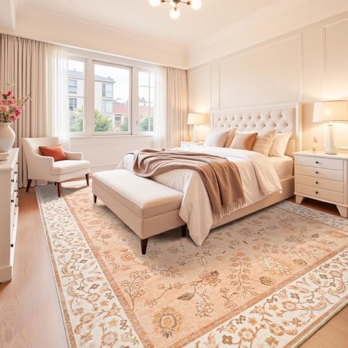 Goideal Peach Rug for Girls Room, 6x9 Floral Washable Area Rug Non Slip, Boho Low Pile Carpet with Rubber Backing for Bedroom Living Room Bathroom Playroom Nursery Office - Image 3