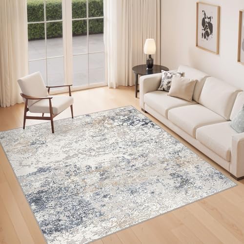 DMOYEST Square Area Rug Living Room Rugs - 8x8 Washable Large Soft Indoor Neutral Modern Abstract Low Pile Rug Carpet for Bedroom Dining Room Farmhouse Home Office - Beige Blue by DMOYEST