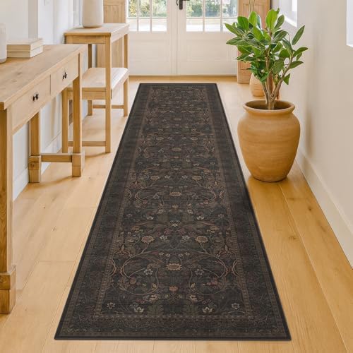 Dark Brown Washable Non Slip Hallway Runner Rug 2'6"x12' - 12ft Extra Long Kitchen Runner Rugs Farmhouse Entryway Indoor Décor Botanical & Sunflower Accents Low Pile Stain Resistant by Evyhood