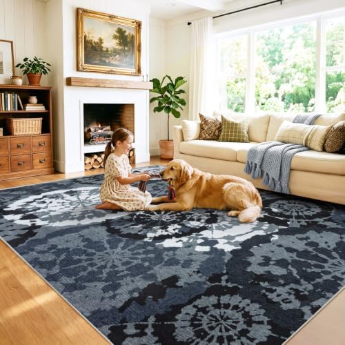 Large Boho Modern 9x12 Area Rug, Black White Low-Pile Washable Rug - Image 4
