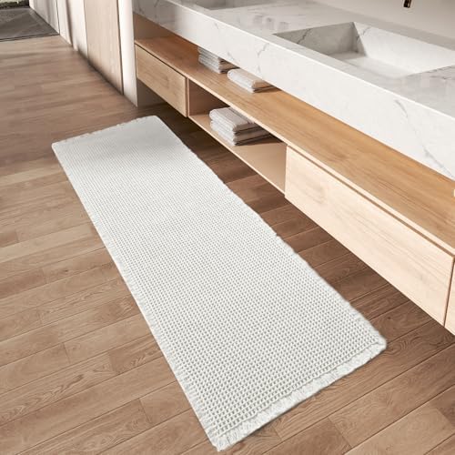 AMOAMI Waffle Runner Rug Super Absorbent Non Slip Bath Mats for Bathroom Floor, Machine Washable Bathroom Runner Rug with Tassels, Ideal for Hallway Bedroom Laundry Room, White, 2' x 5'(24" x 60") by AMOAMI