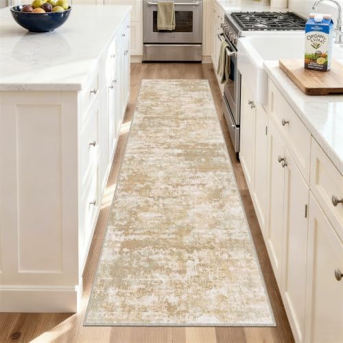 Washable Carpet Runners for Hallway 8ft-Non Slip Floor Runners for Dogs, Abstract Hallway Runner Rug with ‌Silicone Backing, Stain Resistant Rug for Indoor High Traffic,2.6x8,Beige/Yellow by TTelephant