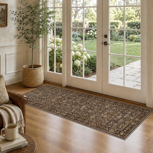 Washable 2.6x8 Kitchen Non-Slip Runner Rug Vintage Brown Throw Carpet by HOME