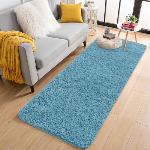 OLANLY 2x8 Machine Washable Runner Rugs for Hallway, Soft Fluffy Shaggy Bedside Rugs for Bedroom, Living Room, Indoor Floor Carpet for Kids Girls and Boys, Home Decor Aesthetic, Slate Blue by OLANLY