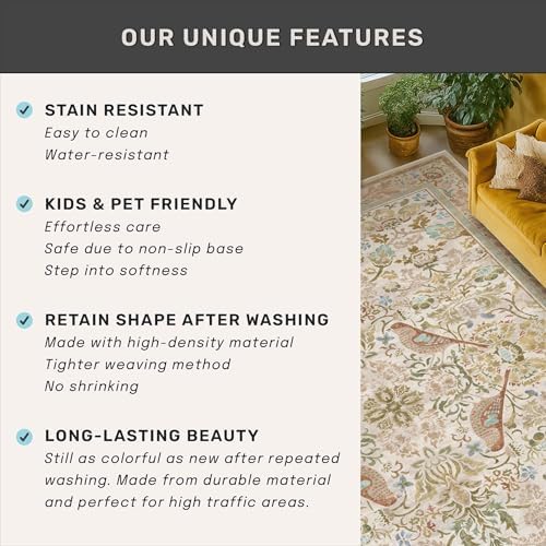 Hazo Haus Beige 6ft Round Rug for Living Room - Floral Circle Area Rug for Bedroom Kids Room, Home Office, Washable Low Pile Non Slip, Vintage Beige Taupe Botanical & Bird Pattern, Boho Indoor Décor - Image 6