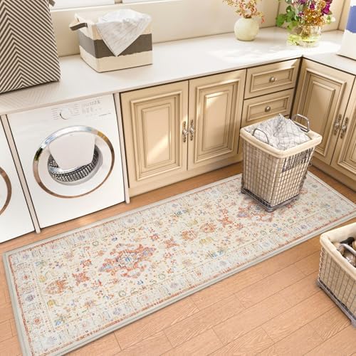 AREDO Runner Rug with Non Slip Rubber Backing 2' * 6', Washable Soft Floor Carpet for Kitchen, Hallway, Entryway Indoor, Bedroom, Laundry, Low Pile Area Rugs, Geometric Floral, Yellow Pattern - Image 6