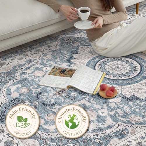 Area Rugs 9x12 Living Room: Washable Vintage Blue Rug - Image 5