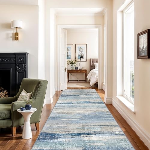 YOUFORTONG Washable Runner Rug 4x12 - Indoor Low Pile Rugs for Kitchen Hallway Non Slip Entryway Carpet Ultra-Soft Modern Abstract Print Home Decor Thin Floor Mat for Bathroom 4x12 Blue by YOUFORTONG