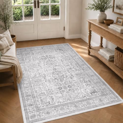 3x5 Washable Entryway Area Rug Non-Slip Vintage Gray Throw Carpet by HOME