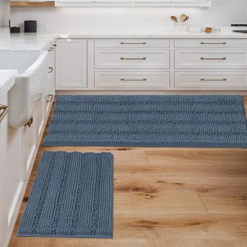H.VERSAILTEX Bathroom Rug Sets 2 Piece Bath Mats Non Slip Thick Soft Chenille Striped Bath Rug achine Washable Shower Floor Rugs for Tub, Shower and Floor (Blue Indigo, 47" x 17"/17" x 24") by HVERSAILTEX