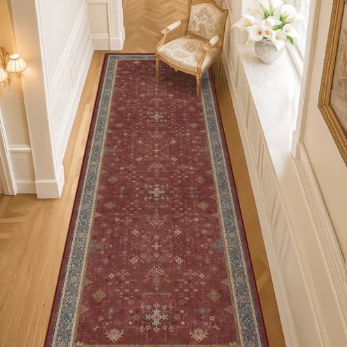 Dark Red 2'6''x8' Wide Hallway Runner Rug - Washable Kitchen Sink Rug, Non Slip 8ft Long Runner Rug for Entryway, Burgundy Turkish Floral Print Home Décor by HazoHaus