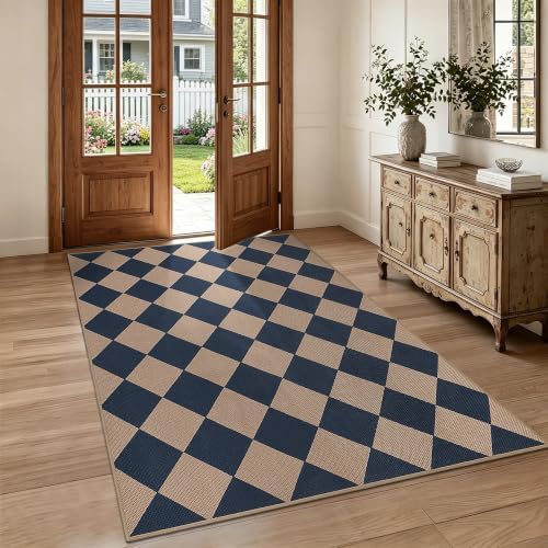 Checkered Easy Jute 4x6 Outdoor Rug Washable Non Slip Khaki Rugs for Entryway Indoor Outdoor Farmhouse Neutral Front Door Mat for Backyard Patio Proch Living Room - Image 2